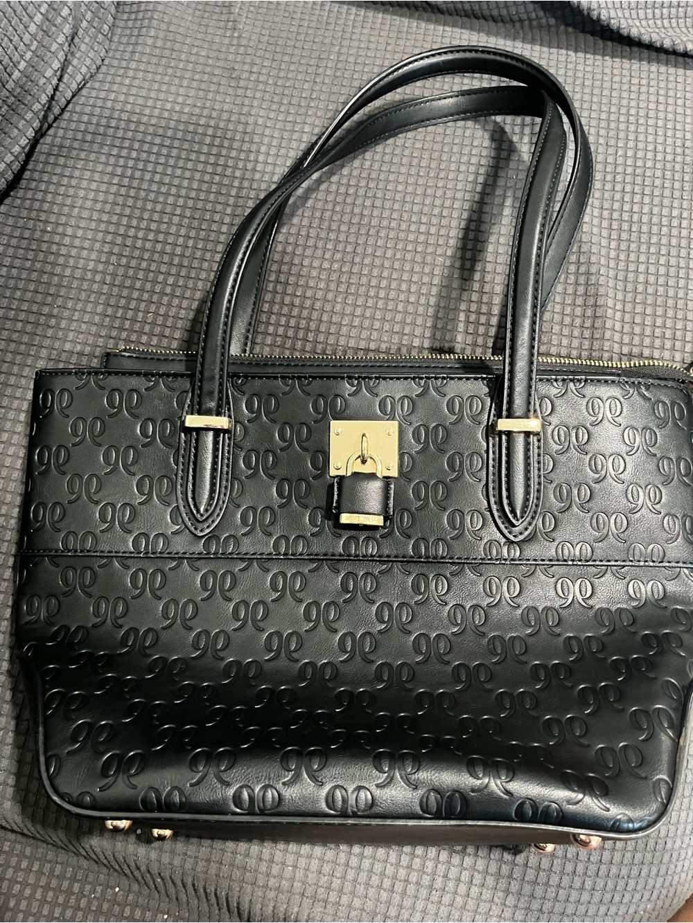 Nine West Black Embossed Leather Shoulder Bag with Gold Hardware